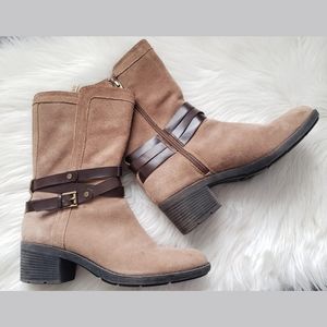Bandolino Taupe and Brown Strap Suede Boots